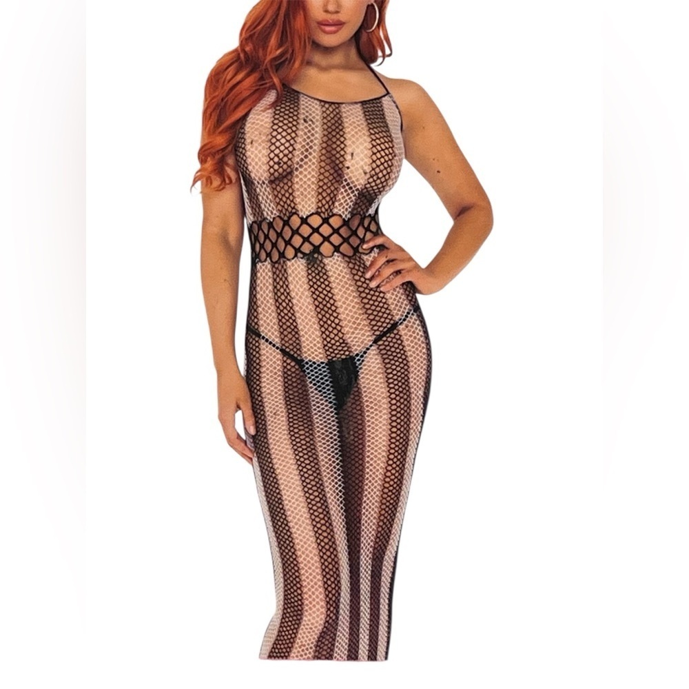 Leg Avenue Black Fishnet Maxi Festival Rave Party Dress with waist cutouts NWT